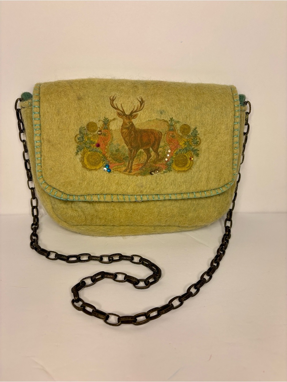 Handmade Mustard Yellow Felt Crossbody Bag with Deer Motif & Detailed Chain